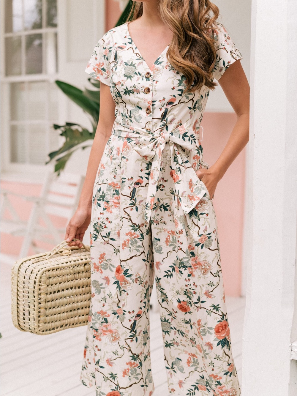 Gal Meets Glam Cream Floral Tie-Waist Jumpsuit with Coral & Green Print